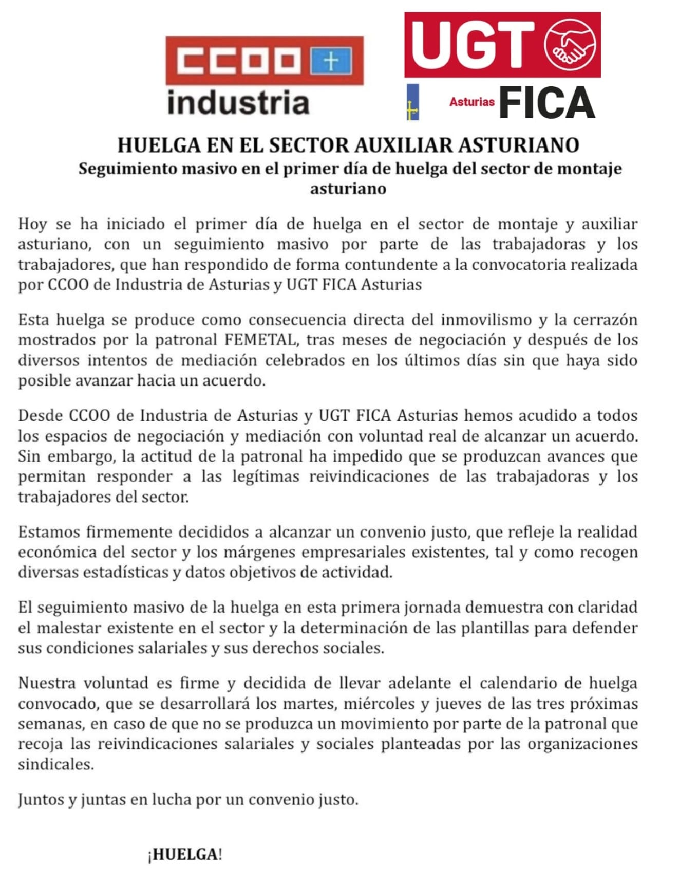 HUELGA EN EL SECTOR AUXILIAR ASTURIANO - SEGUIMIENTO MASIVO EN EL 1ER DIA DE HUELGA.